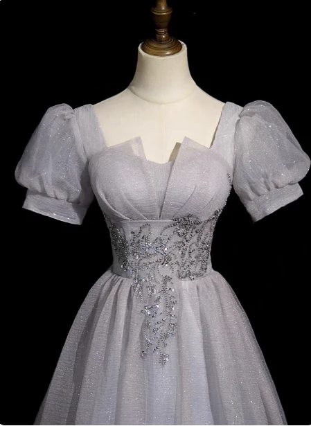 Dreamy Light Purple A-line Square Neck Short Sleeve Tulle Long Prom Dress Evening Dress P4582 - Image 4