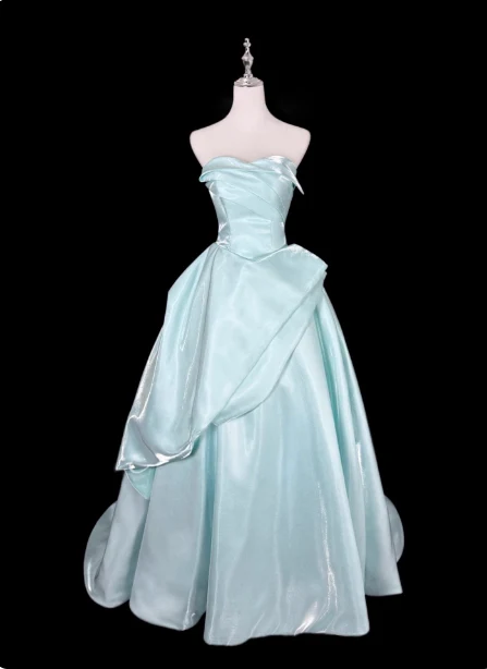 Dreamy Mint Light Blue A-line Strapless Satin Prom Dress Evening Dress P4356