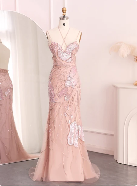 Dreamy Pink Mermaid Spaghetti Strap Open Back Beaded Sequin Tulle Long Prom Dress Evening Dress P4638 - Image 3