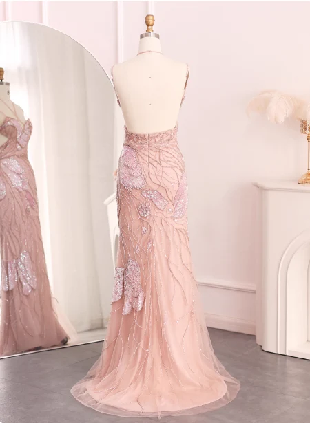 Dreamy Pink Mermaid Spaghetti Strap Open Back Beaded Sequin Tulle Long Prom Dress Evening Dress P4638 - Image 4