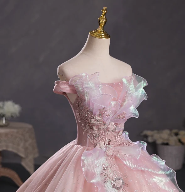Dreamy Pink Off-Shoulder 3D Floral Iridescent Tulle Ball Gown Evening Dress Sweet 16 Dress P4415 - Image 3