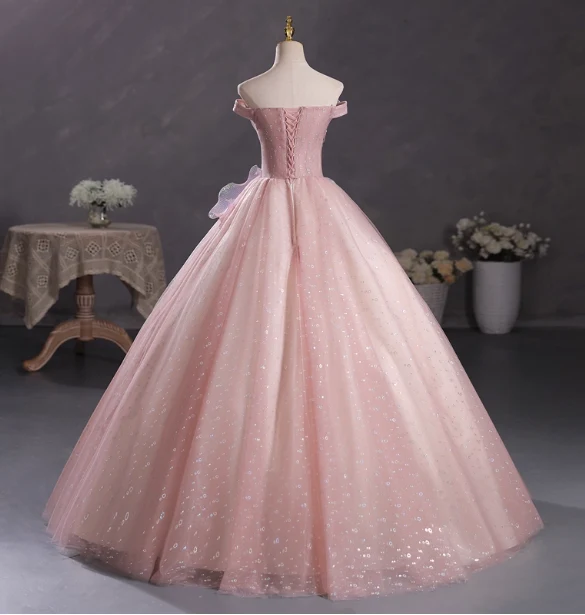 Dreamy Pink Off-Shoulder 3D Floral Iridescent Tulle Ball Gown Evening Dress Sweet 16 Dress P4415 - Image 4