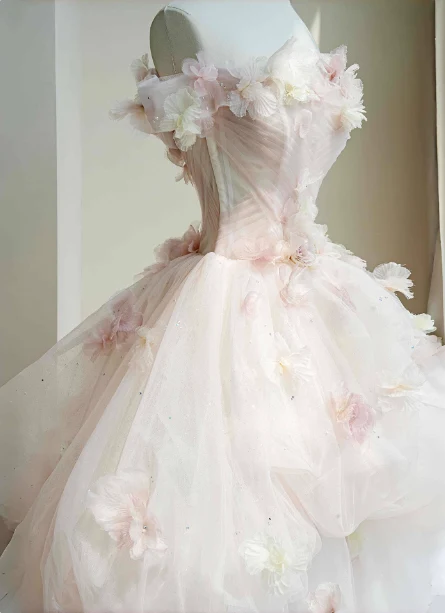Dreamy Pink-White Off-the-shoulder 3D Floral Tulle Long Ball Gown Evening Dress Sweet 16 Dress P4447 - Image 4
