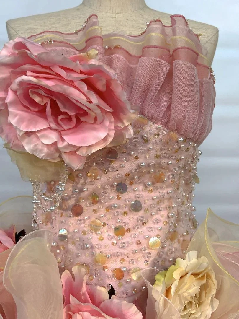 Dreamy Pink-Yellow Gradient Strapless 3D Rose Floral Beaded Sequin Layered Organza Train Prom Dress Sweet 16 Dress P4804 - Image 2