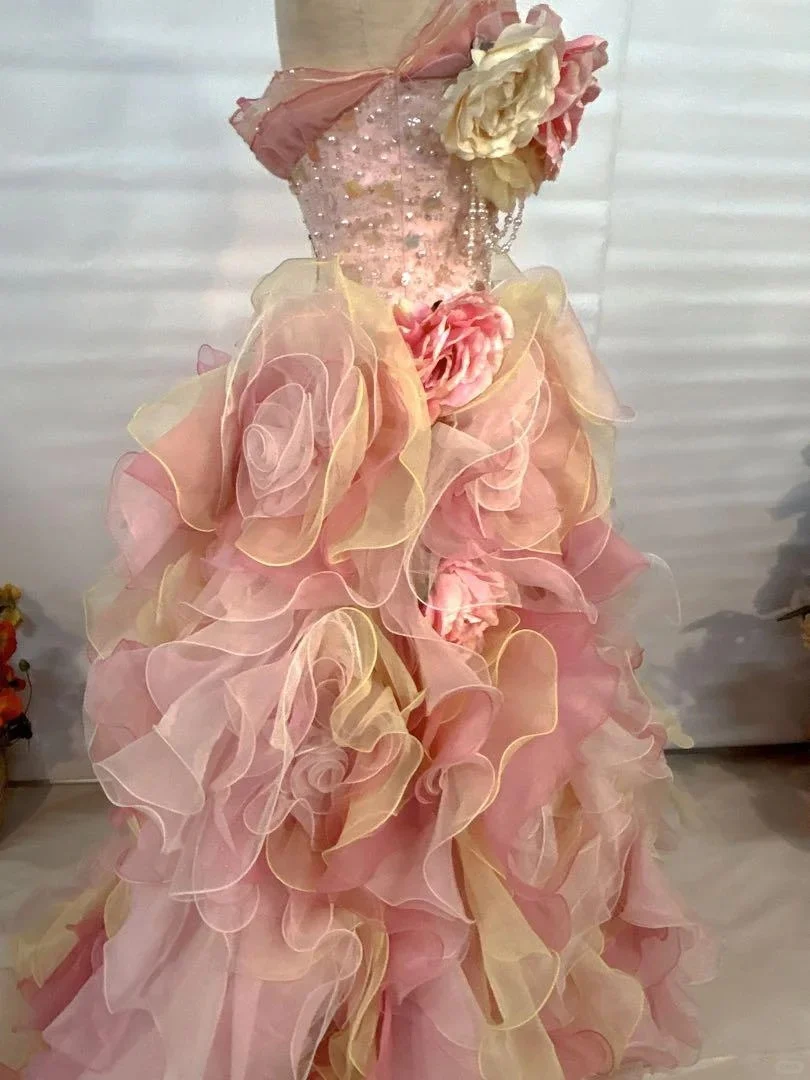 Dreamy Pink-Yellow Gradient Strapless 3D Rose Floral Beaded Sequin Layered Organza Train Prom Dress Sweet 16 Dress P4804 - Image 5