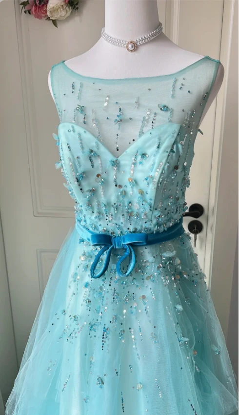 Dreamy Princess Blue A-line Round Neck Sequined Tulle Long Prom Dress Evening Dress P4195 - Image 3