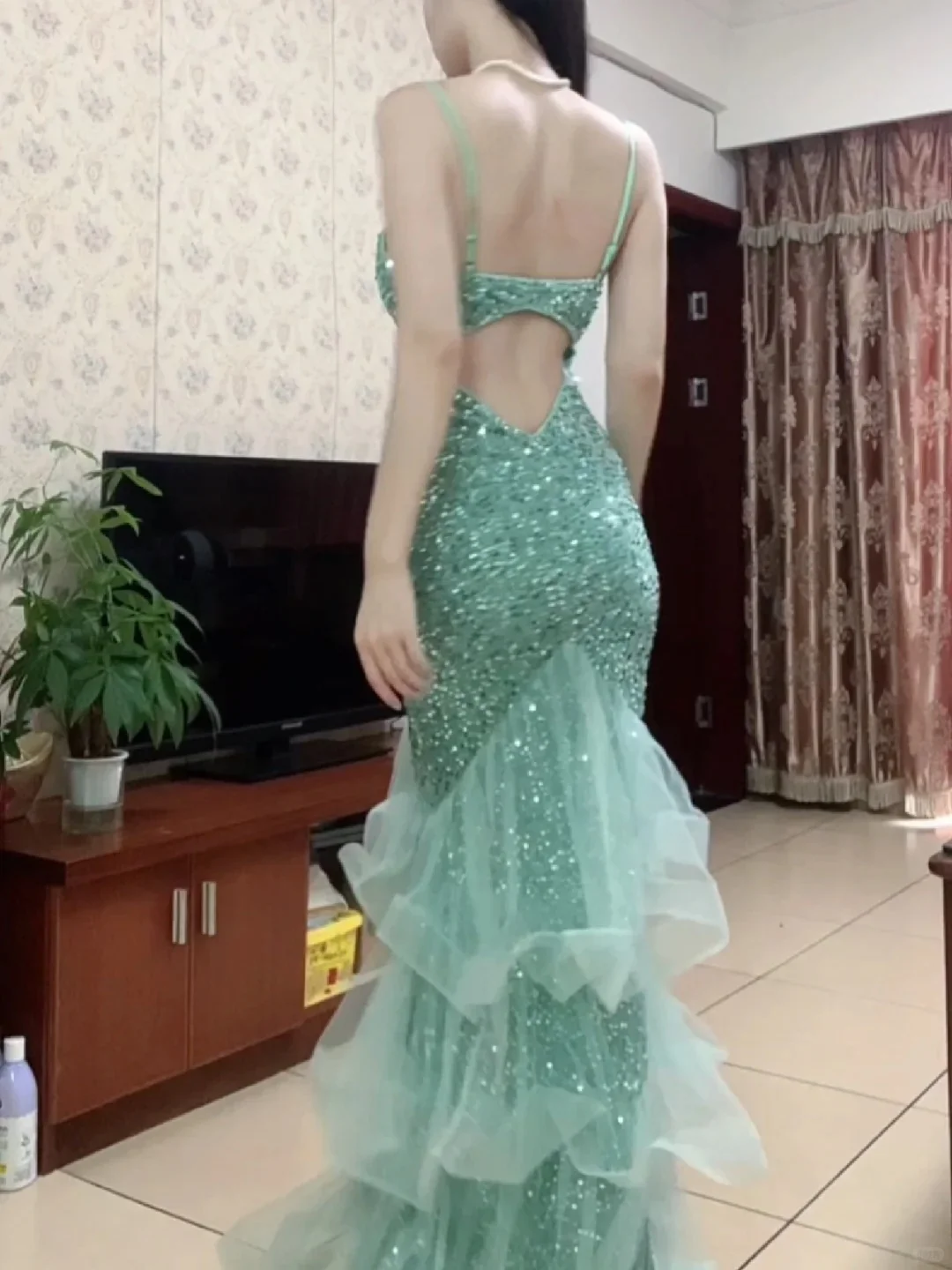 Dreamy Princess Mint Green Mermaid Spaghetti Strap Backless Sequined Long Prom Dress Evening Dress P4291 - Image 5