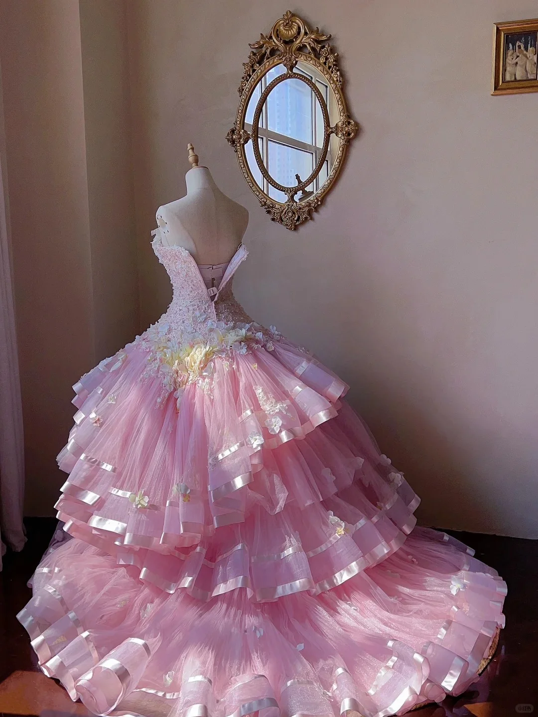 Dreamy Princess Pink Tube Top 3D Flower Beaded Lace Tulle Cake Skirt Trailing Wedding Dress P3062 - Image 2