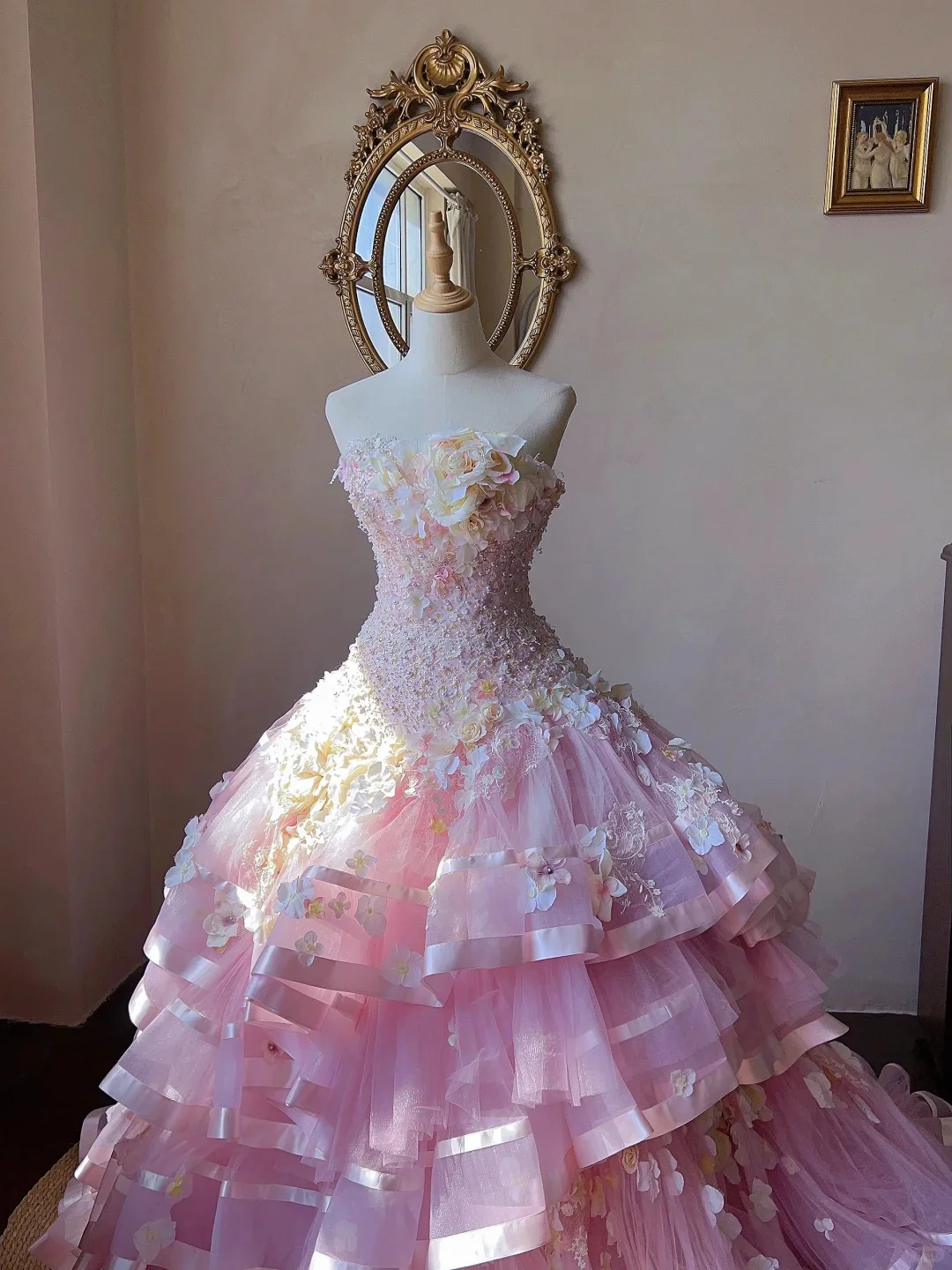 Dreamy Princess Pink Tube Top 3D Flower Beaded Lace Tulle Cake Skirt Trailing Wedding Dress P3062 - Image 3