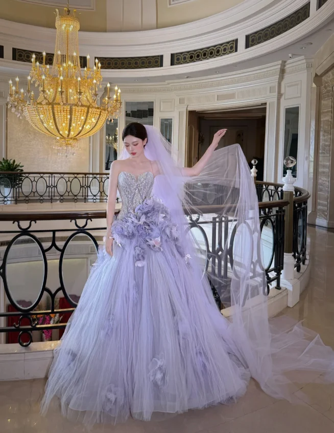 Dreamy Purple Strapless 3D Floral Tulle Train Ball Gown Evening Dress P4100 - Image 8