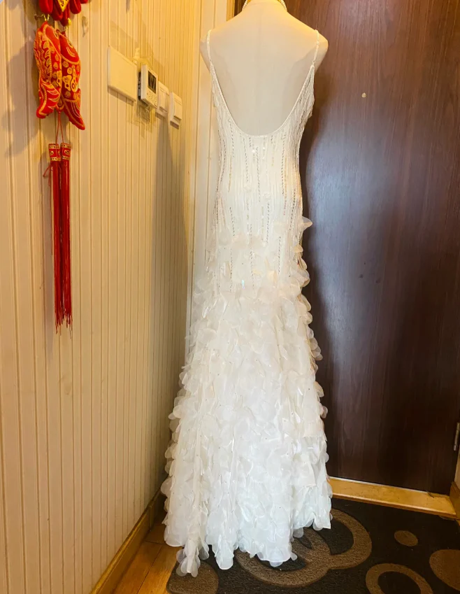 Dreamy White Mermaid Beaded 3D Petal Sequin Long Prom Dress Evening Dress P4181 - Image 4