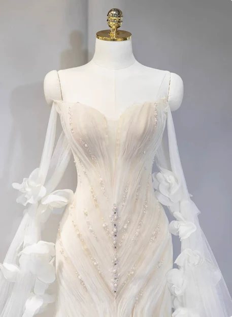 Dreamy White Mermaid Off-the-shoulder Beaded Tulle Wedding Dress P2707 - Image 3