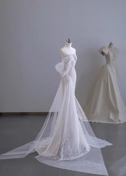 Dreamy White Mermaid Spaghetti Strap Open Back Tulle Train Prom Dress Evening Dress P4507