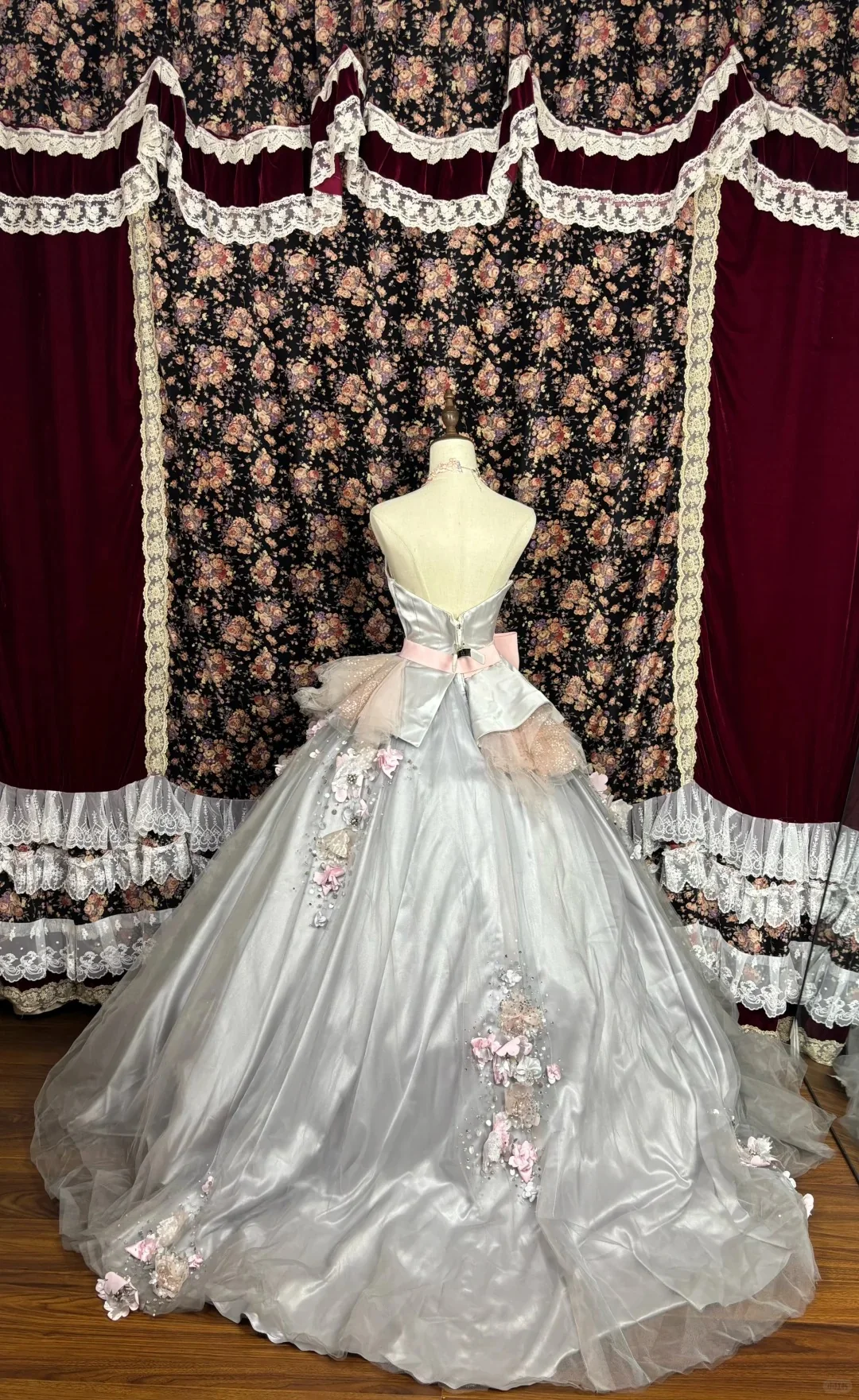 Dusty Pink Princess Bow 3D Flower Satin Wedding Dress P2977 - Image 2