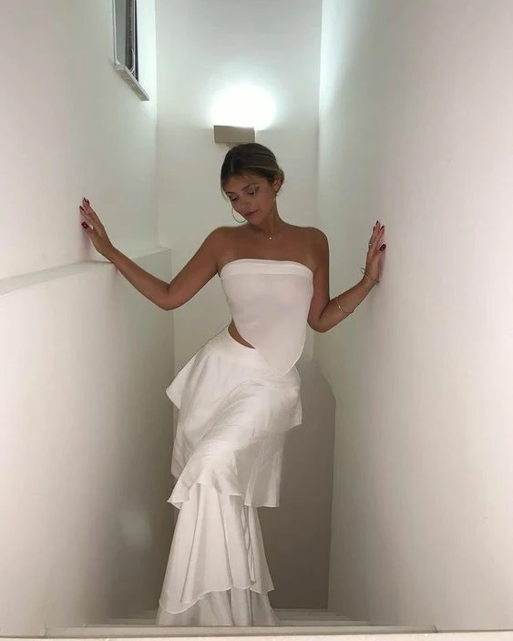 Elegant 2 Pieces Strapless Long White Tiered Prom Dress 21th Birthday Outfits P2146 - Image 3