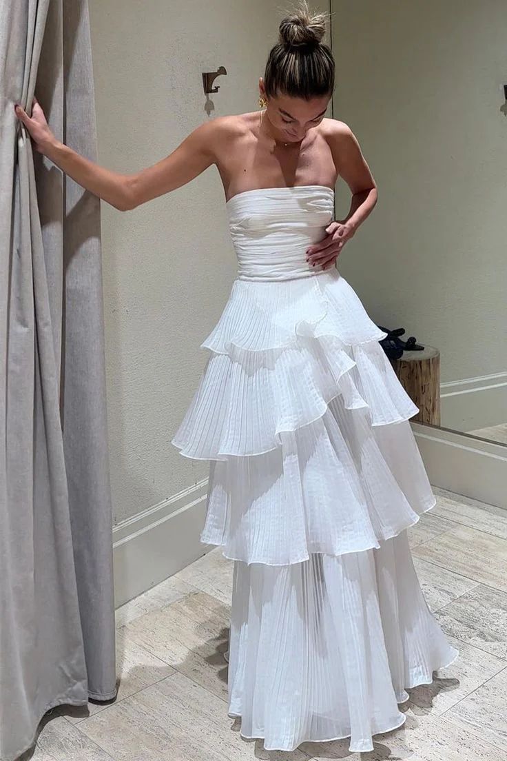 Elegant Ball Gown 2 Pieces Long White Tiered Prom Dress 21th Birthday Outfits P2144 - Image 3
