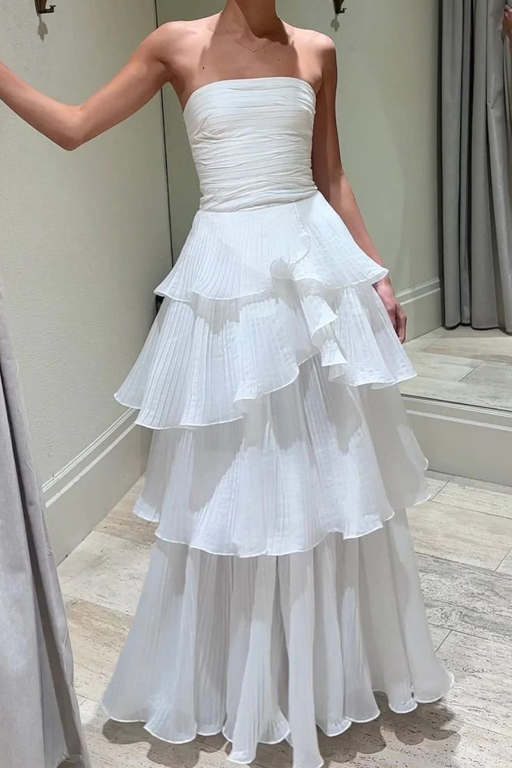 Elegant Ball Gown 2 Pieces Long White Tiered Prom Dress 21th Birthday Outfits P2144 - Image 4