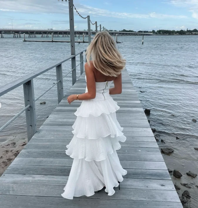 Elegant Ball Gown 2 Pieces Long White Tiered Prom Dress 21th Birthday Outfits P2144 - Image 8