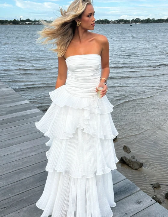 Elegant Ball Gown 2 Pieces Long White Tiered Prom Dress 21th Birthday Outfits P2144 - Image 9