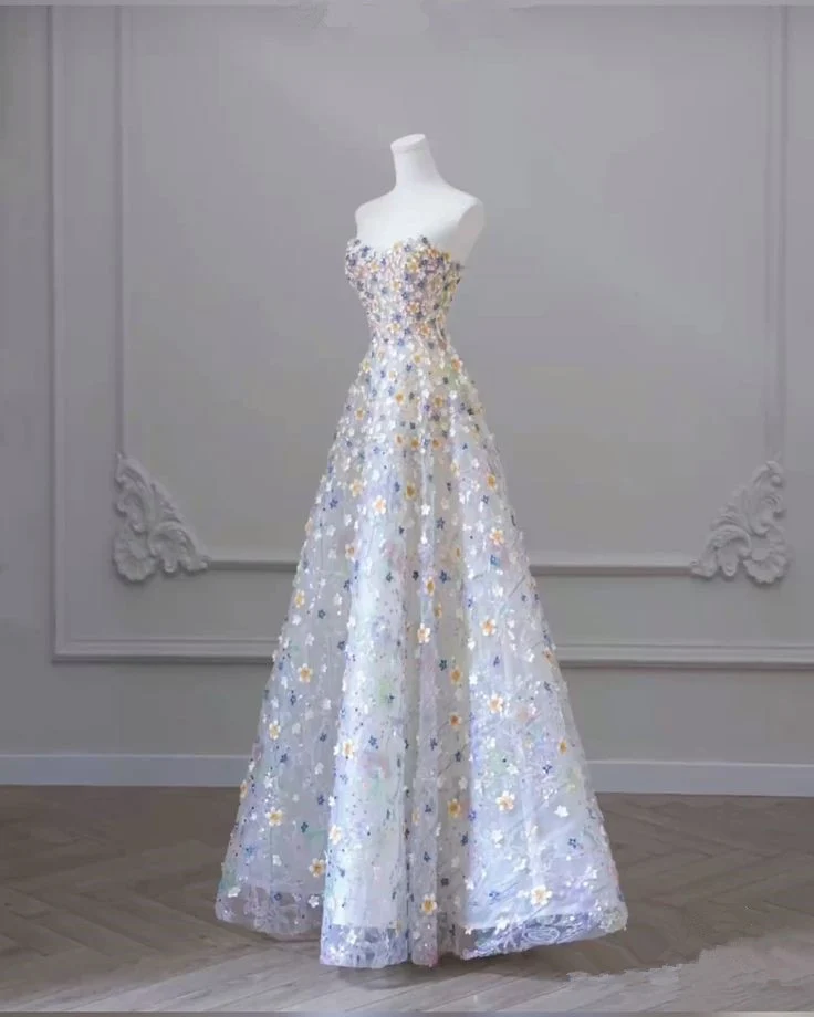 Elegant A line Strapless Floral Long Prom Dress P1735