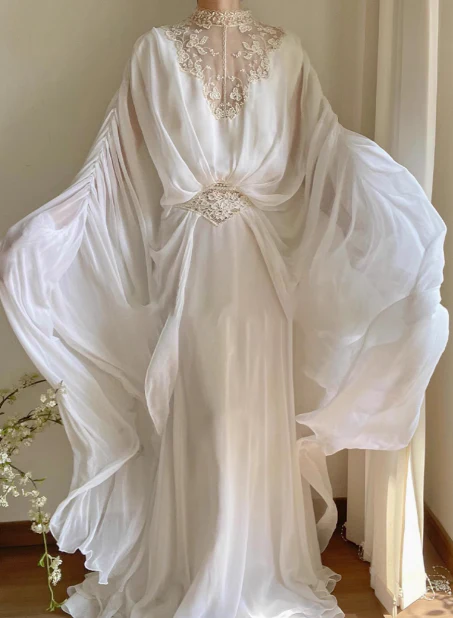 Elegant and flowing white lace chiffon high-neck wedding dress P2679 - Image 3
