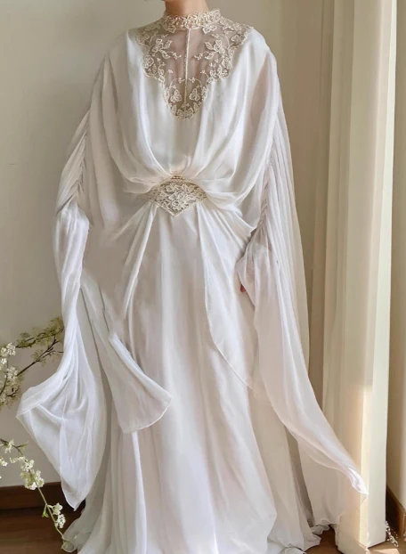 Elegant and flowing white lace chiffon high-neck wedding dress P2679 - Image 5