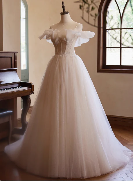 Elegant and flowing white strapless tulle beaded A-line wedding dress P2638 - Image 3