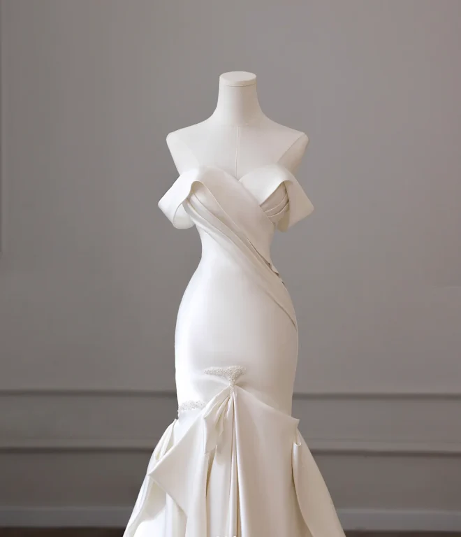 Elegant and Simple Off-the-shoulder Satin Mermaid Wedding Dress P2600 - Image 2