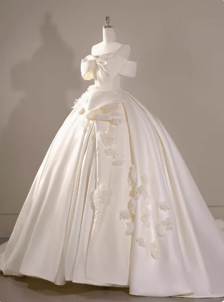 Elegant and simple one-shoulder satin flower white wedding dress P2765 - Image 2
