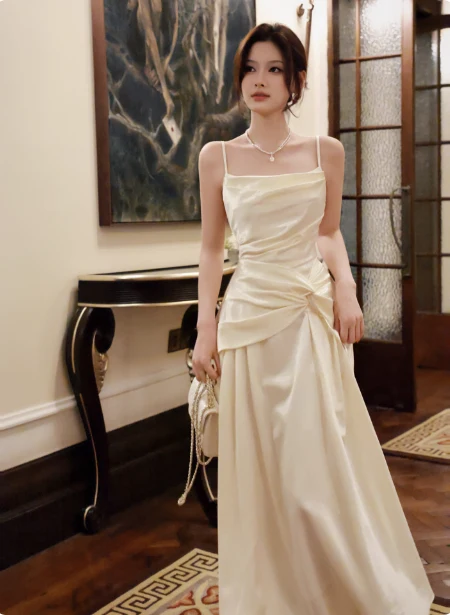 Elegant Beige Spaghetti Strap Square Neck Knot-Embellished Satin Long Prom Dress Evening Dress Bridesmaid Dress P4364 - Image 2