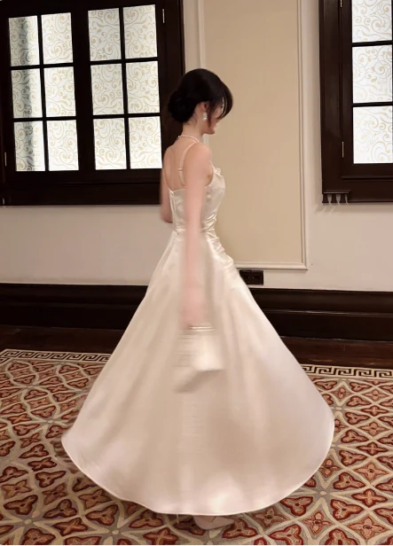 Elegant Beige Spaghetti Strap Square Neck Knot-Embellished Satin Long Prom Dress Evening Dress Bridesmaid Dress P4364 - Image 5