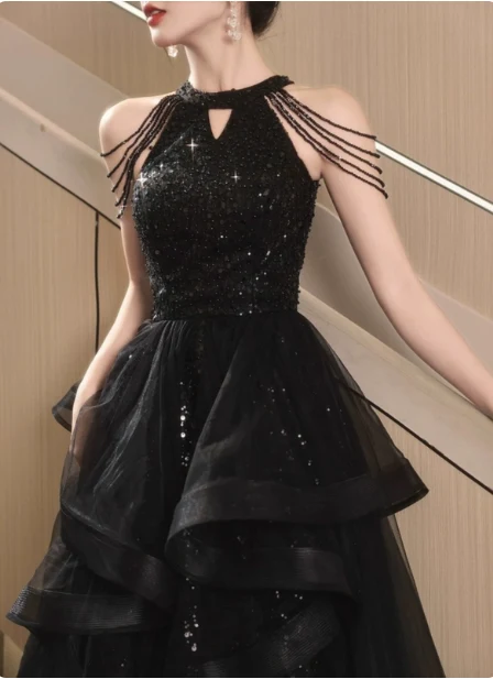 Elegant Black A-line Halter Neck Chain Sequined Tulle Long Prom Dress Evening Dress P4485 - Image 2