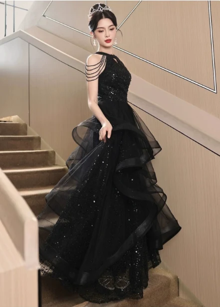 Elegant Black A-line Halter Neck Chain Sequined Tulle Long Prom Dress Evening Dress P4485 - Image 3