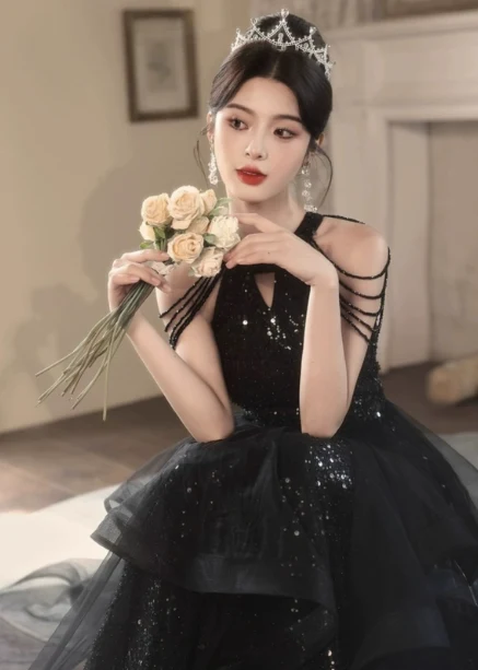 Elegant Black A-line Halter Neck Chain Sequined Tulle Long Prom Dress Evening Dress P4485 - Image 4