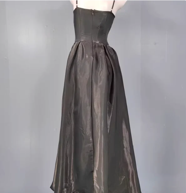 Elegant Black A-Line Spaghetti Strap Satin Long Prom Dress Evening Dress P4336 - Image 5