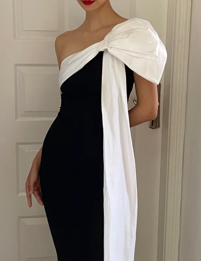 Elegant Black And White Fitted One-Shoulder Satin Long Prom Dress Evening Dress P4158 - Image 2