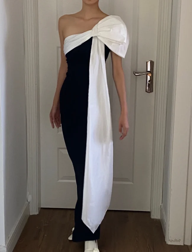 Elegant Black And White Fitted One-Shoulder Satin Long Prom Dress Evening Dress P4158 - Image 6