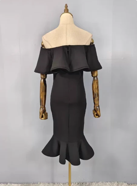 Elegant Black Mermaid Off-the-shoulder Ruffled Satin Prom Dress Evening Dress P4488 - Image 2