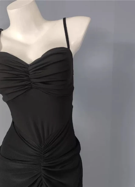 Elegant Black Mermaid Spaghetti Strap Ruched Chiffon Long Prom Dress Evening Dress P4486 - Image 2