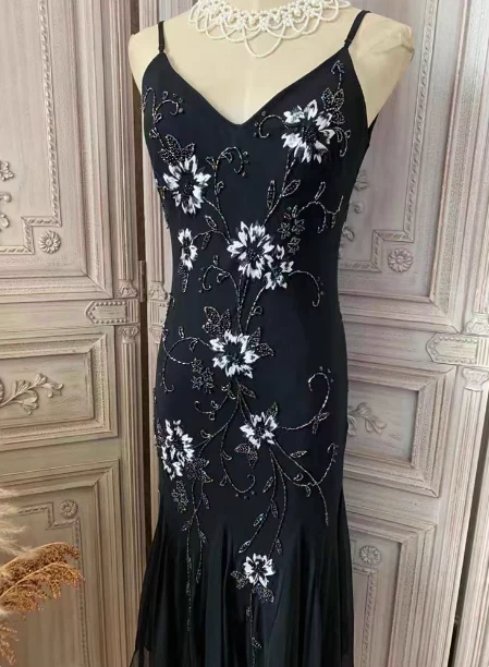 Elegant Black Mermaid Spaghetti Strap V-Neck Beaded Chiffon Long Prom Dress Evening Dress P4354 - Image 4