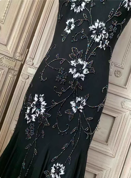 Elegant Black Mermaid Spaghetti Strap V-Neck Beaded Chiffon Long Prom Dress Evening Dress P4354 - Image 6