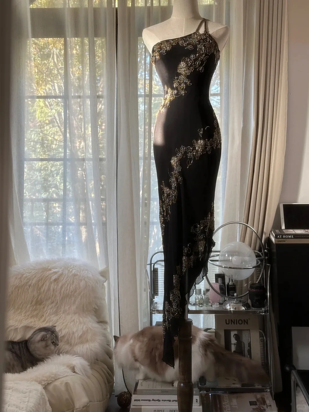 Elegant Black One Shoulder Chiffon Beaded Bias Skirt Mermaid Prom Dress P3345 - Image 6
