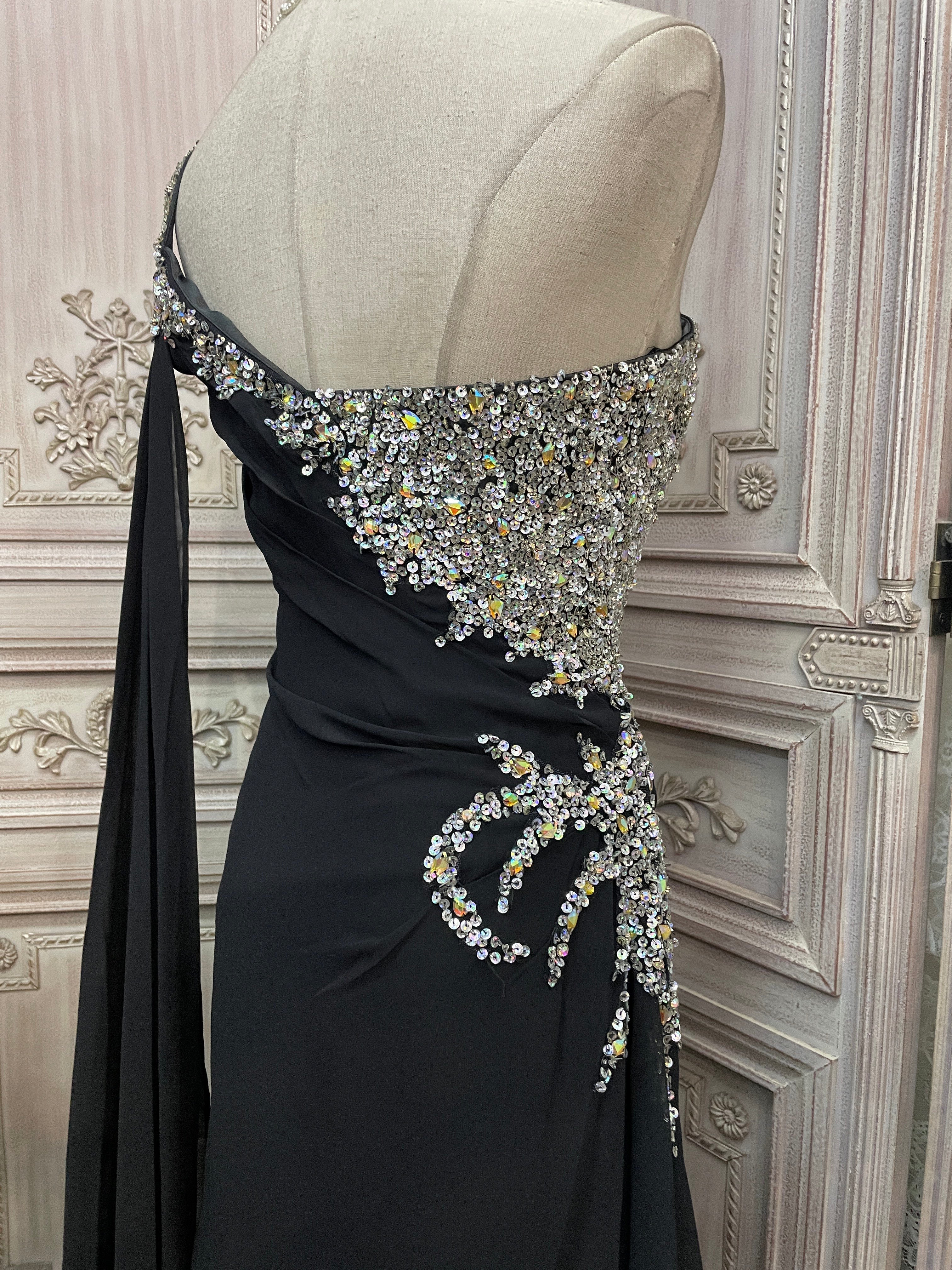 Elegant Black One-Shoulder Sequin Chiffon Train Prom Dress Evening Dress P4732 - Image 6