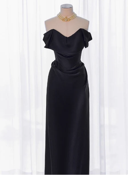 Elegant Black Slim-fit Off-the-shoulder Satin Long Prom Dress Evening Dress P4437 - Image 2