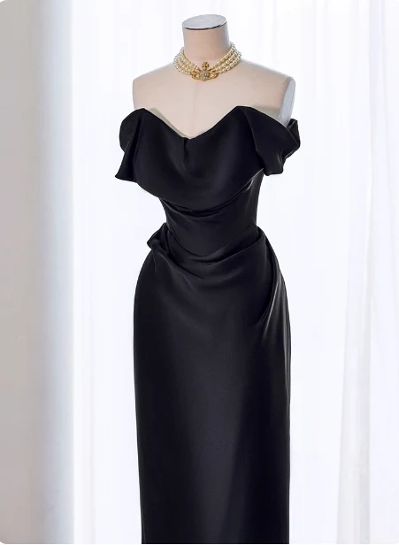 Elegant Black Slim-fit Off-the-shoulder Satin Long Prom Dress Evening Dress P4437 - Image 3