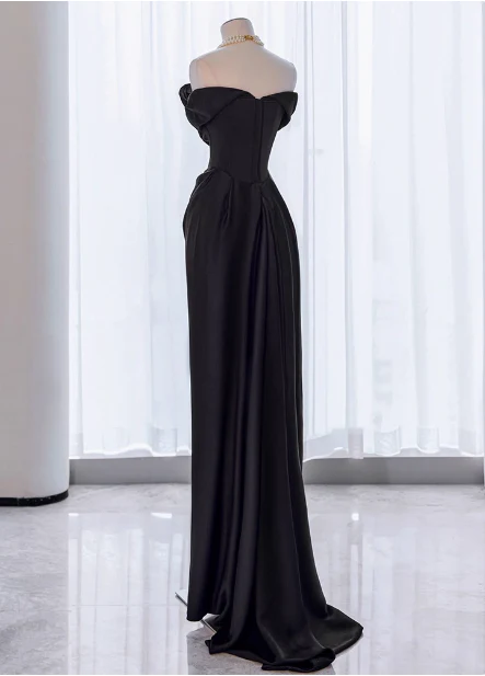 Elegant Black Slim-fit Off-the-shoulder Satin Long Prom Dress Evening Dress P4437 - Image 4