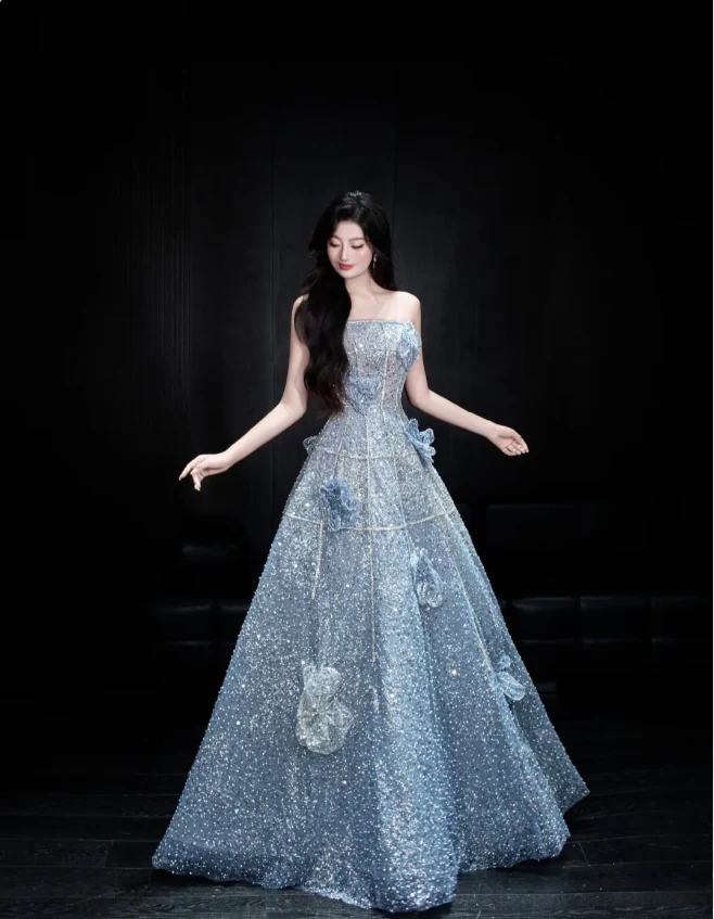 Elegant Blue A-line Strapless 3D Floral Sequined Tulle Long Prom Dress Evening Dress P4102 - Image 2