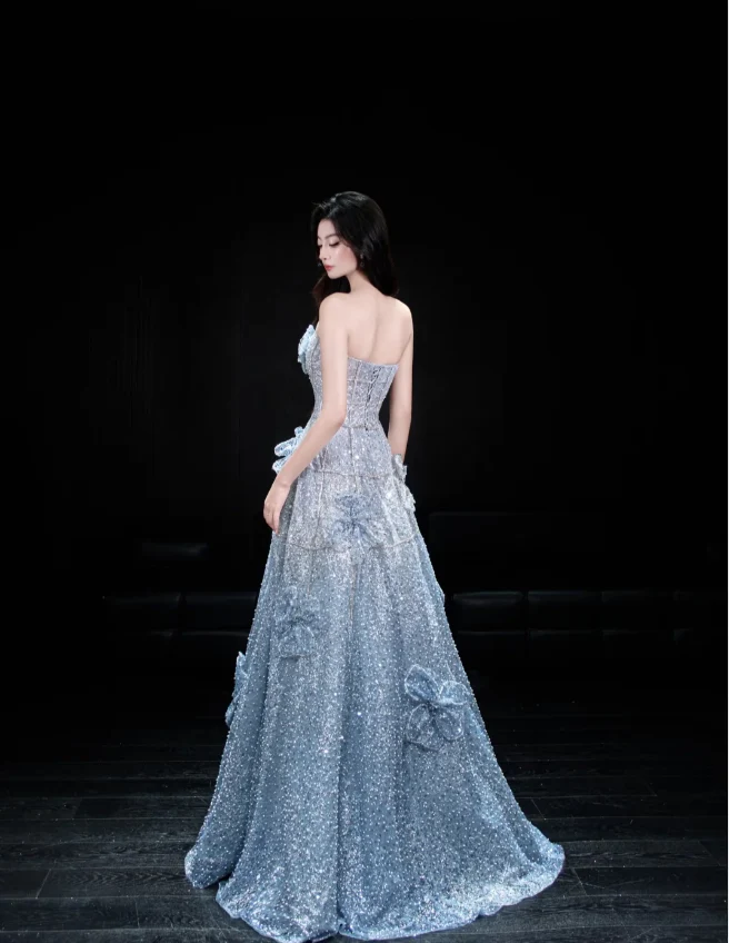 Elegant Blue A-line Strapless 3D Floral Sequined Tulle Long Prom Dress Evening Dress P4102 - Image 3
