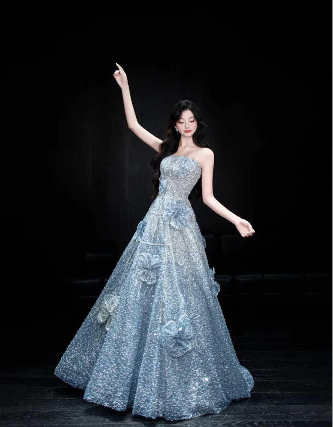 Elegant Blue A-line Strapless 3D Floral Sequined Tulle Long Prom Dress Evening Dress P4102 - Image 4