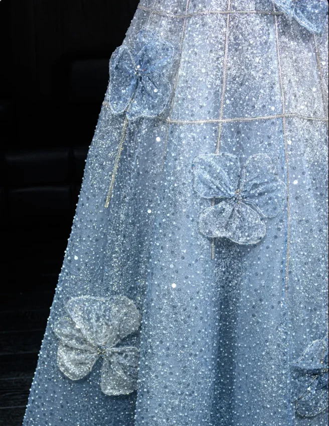 Elegant Blue A-line Strapless 3D Floral Sequined Tulle Long Prom Dress Evening Dress P4102 - Image 5